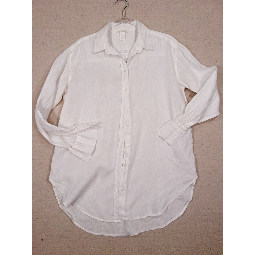 H&M Women White 100% Linen Longline Button Down Shirt Size S P/N 09021072